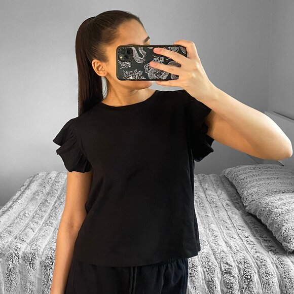ZARA Black Round High Neck Ruffled Shoulder Short Sleeve Spring / Summer Top - Picture 2 of 5
